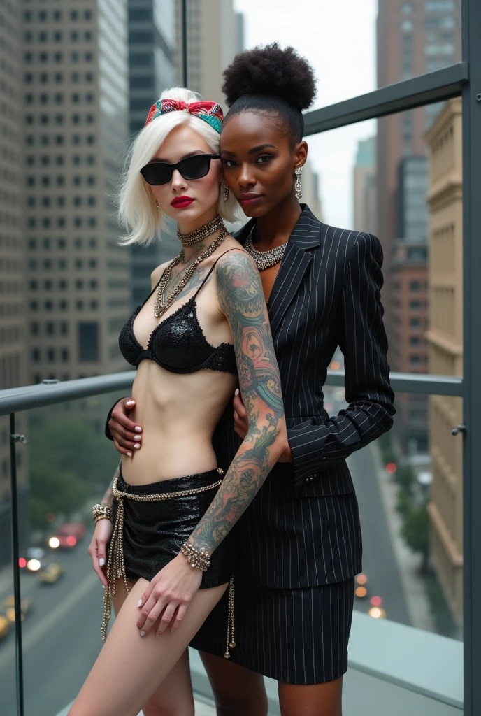 Two russian old milf women: the dominant aggressive dark skinned  black woman in business pinstripe cropped blazer, pinstripe pencil skirt and white silk blouse, long nails and afro hair, standing up with separated legs and possessive stance showing off her new white girlfriend to the camera with her hands on her girlfriend's waist and grabbing her arm.  Next to her, her white rich drunk girlfriend looks at the camera  (white woman is very pale: pale face, pale neck, pale chest, pale arms, pale hands, pale stomach, pale leg), white woman stretches her neck and looks at the camera. White woman leans on her girlfriend . White woman stands up with separated legs. White woman wears low rise back sequins mini skirt and black silk stockings, platinum blonde hair (pouf, top bun, saved sides, wide colourful bandana as headband) and the white woman wears oversized square maxi sunglasses. Big lips with no makeup. White woman Black sequins push up bra. Barefoot.. white woman wears a Lot of thick metallic bracelets in the wrists  and big pearl necklaces around the neck. White woman wears Wide loose studded belt with big solid buckle. Loose chains around the hips of the white woman. White woman is leaning back on her girlfriend.. The white woman is densely tattooed on neck, tattoed chest, tattoed stomach, tattoed legs, wrists and feet. White woman has well Toned abdominals, thin neck, slim legs and thin arms. White woman has Narrow hips and noticeable tigh gap. The body of the white woman is twisted in a lazy pose .in the balcony of a skyscraper in nyc