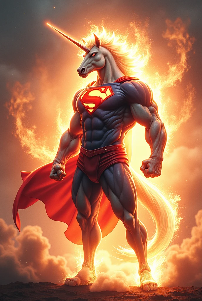 Create an image of a super muscular humanoid unicorn dressed in a Superman costume, performing the Rasengan from the anime Naruto Shippuden. The unicorn has a powerful and heroic stance, with one hand forming a glowing, swirling Rasengan. The background is dynamic and intense, with energy waves and wind swirling around, highlighting the strength and focus of the character as it channels the Rasengan's power