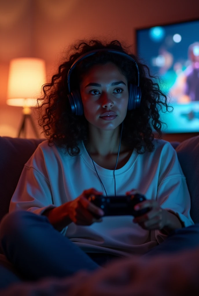 with headphones via bluetooth, curled hair, brunette skin, playing video game
