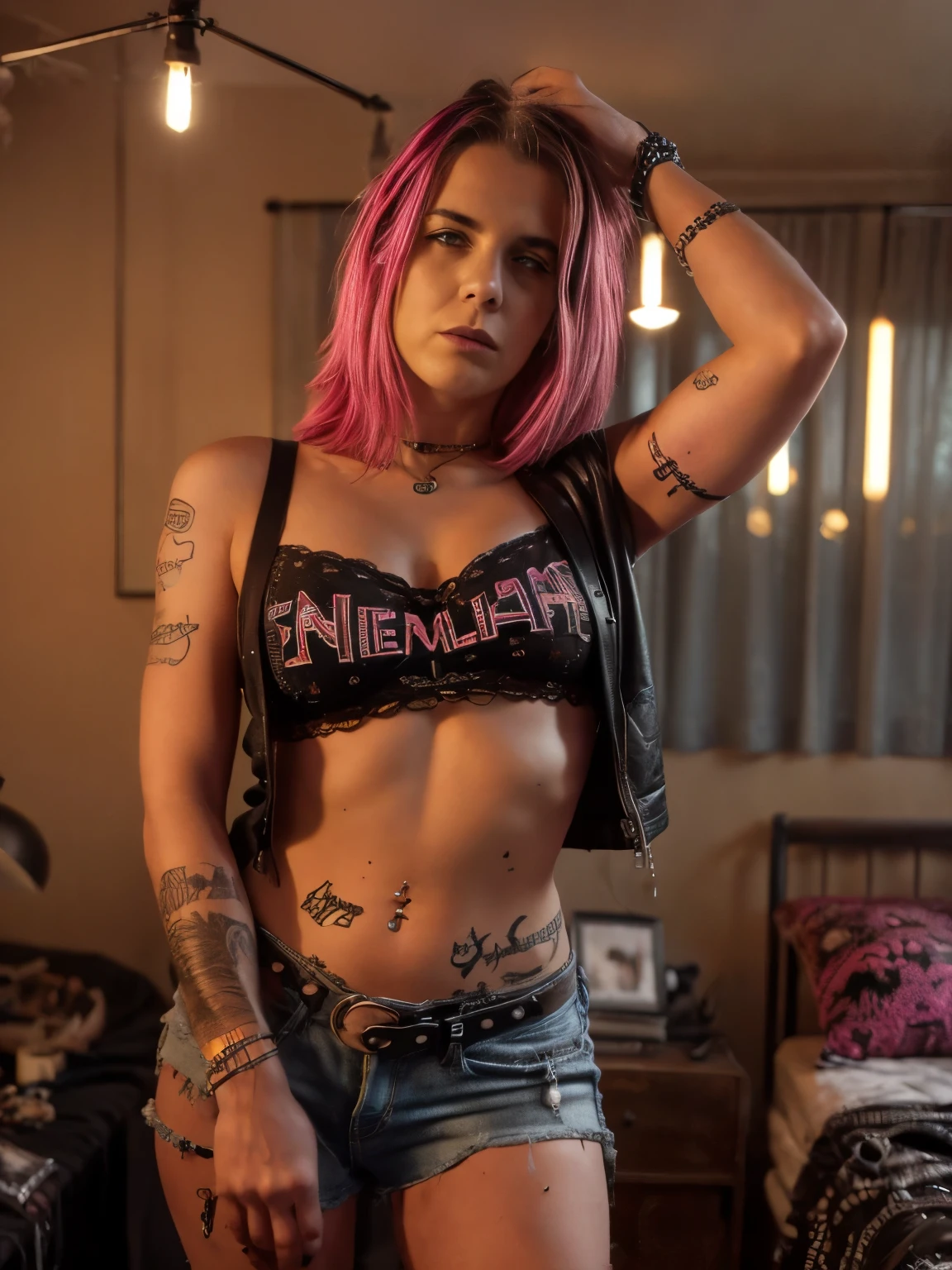2020s Punk Bedroom
Smiling blond punk 1girl woman laying on bed, with spiky neon pink and black hair, wearing a torn band t-shirt featuring Iron Maiden, ripped skinny jeans, and heavy combat boots. The room is a vibrant mess of modern punk aesthetics and clutter. The bed is covered with a black and neon-green striped comforter and has a jumble of mismatched pillows. Surrounding the bed are scattered band tees, old magazines, and vinyl records. The walls are covered in an eclectic mix of posters and artwork, featuring Iron Maiden, Walhalla, and Pink Floyd. There are band stickers and rebellious slogans, alongside punk-inspired graffiti and DIY art. The room includes a black metal bed frame with chains hanging from it, a vintage record player with vinyl records on a metal crate serving as a nightstand, and an old lamp with a skull base. The desk is cluttered with empty beer cans, a broken mirror, a laptop covered in punk stickers, and band memorabilia. Neon LED strips and fairy lights provide dim but colorful lighting, adding to the chaotic punk vibe.
Bed with black and neon-green striped comforter, mismatched pillows, scattered band tees, old magazines, vinyl records, walls covered in Iron Maiden, Walhalla, and Pink Floyd posters, band stickers, rebellious slogans, punk graffiti, DIY art, black metal bed frame with chains, vintage record player, vinyl records, metal crate nightstand, old lamp with skull base, desk with empty beer cans, broken mirror, laptop with punk stickers, band memorabilia, neon LED strips, fairy lights.
Additional Items: Spiked leather jacket, bandanas, safety pins, tattoo magazines, punk rock memorabilia, vintage posters, old vinyls, heavy metal band patches, leather belts, distressed denim, studded wristbands, colorful hair dye bottles, torn stockings, metal chains, old concert tickets, rebellious zines, punk accessories, broken phone case, discarded food wrappers, unwashed dishes, metal studs, graffiti tags, punk band pins, used makeup, mi
