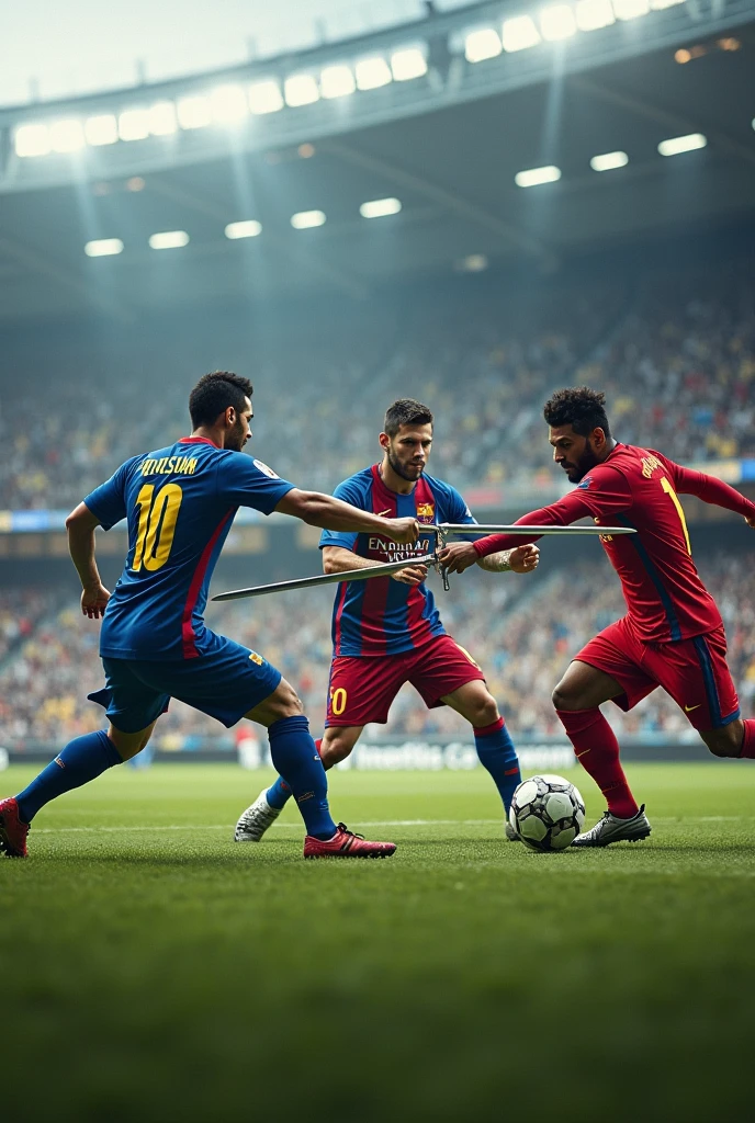 Cristiano, Messi and Neymar with swords fighting scored a goal

