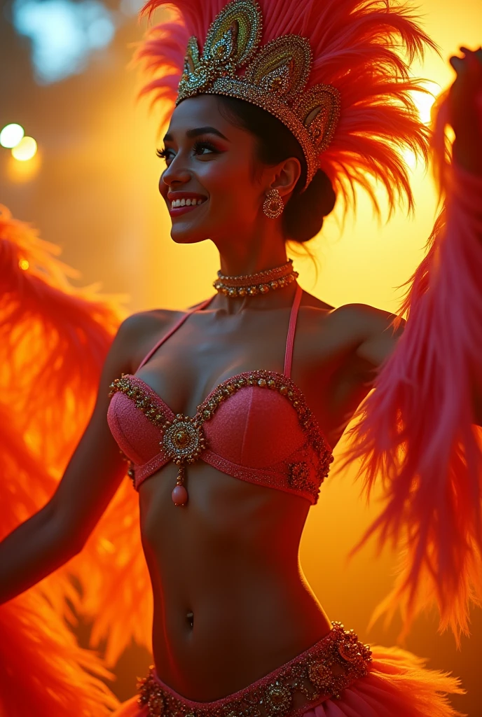 The vibrant 8K resolution image captures the 20-year-old Asian beauty mid-dance, her skin glowing under the vibrant Brazilian samba carnival lights. Her detailed face with sparkling eyes and a lovely smile is depicted in a thigh-high shot, with a blurred background highlighting her dynamic pose. She is wearing a flamboyant samba dance headdress and outfit. She wears a flashy, colorful outfit that accentuates her ample breasts, her beautifully braided trendy hair, and her sensual gaze that exudes seductive and sexy energy. This samba dancer's body is a masterpiece of proportion, from her slim waist to her shapely butt, with her thigh gap adding to her allure. As she changes poses, her golden-proportioned face glows with golden light, highlighting her flawless features. The result is a visually stunning and captivating image, a true masterpiece of beauty and sensuality. Watch as she elegantly portrays her beautiful good looks and style.