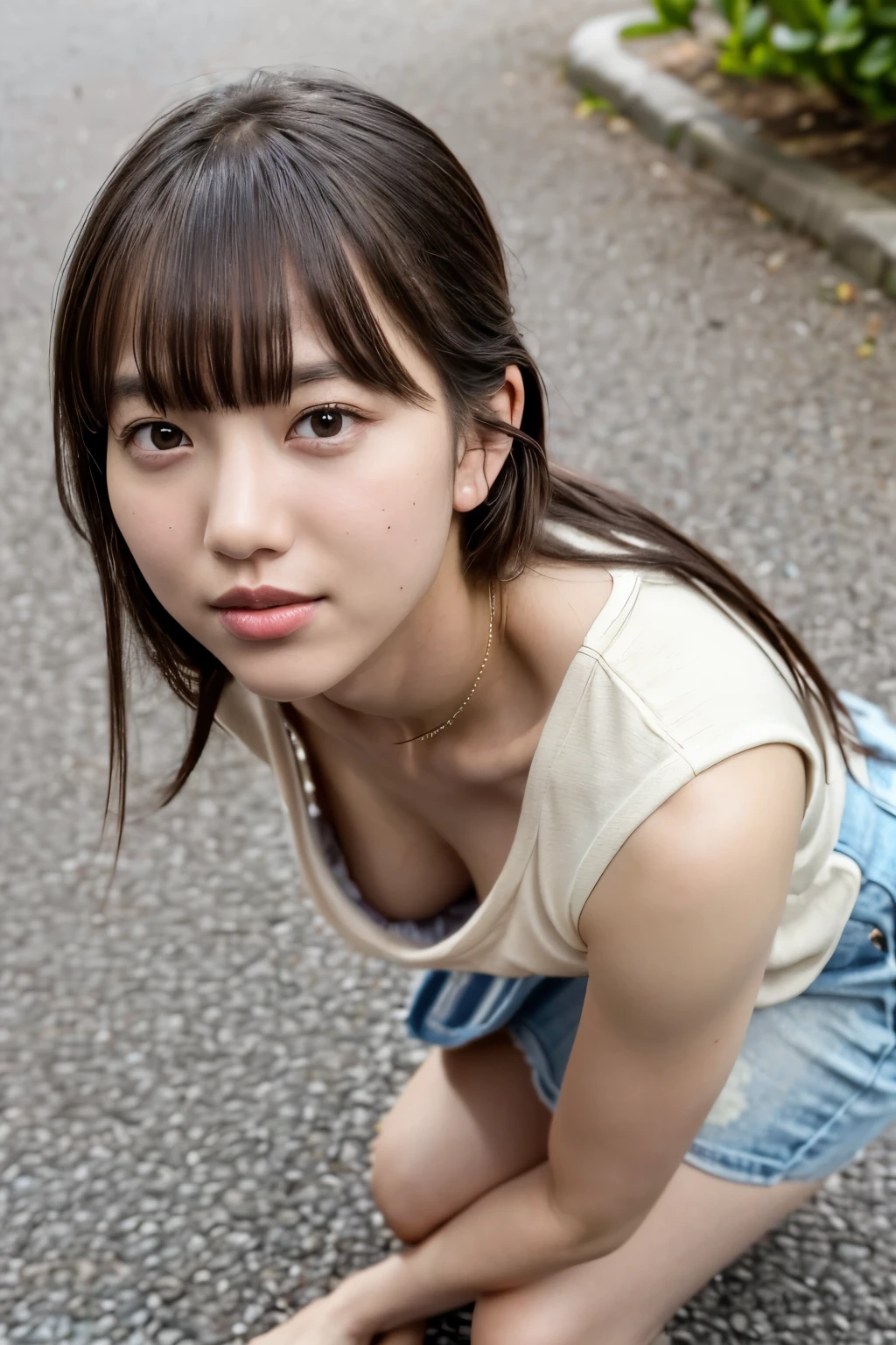 (realistic, photo-realistic, masterpiece, best quality), high resolution, extremely detailed, intricate details, sharp focus, cinematic lighting, portrait, looking at viewer, solo, 1girl, a Japanese woman, leaning forward, (huge breasts, munechira), wearing a loose t-shirt and miniskirt, sandals, dark hair, (detailed face, beautiful detailed eyes, sophisticated nose, beautiful pupils), pale skin, photo background, outdoors, the way to home, in the alley, daytime, 