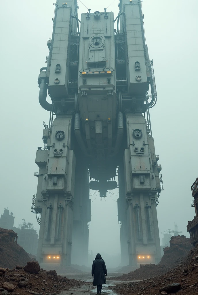 A detailed, A 200m-tall vertical robot factory dropped into the battlefield, cinematic, mecha, futuristic, metallic, cold colors
