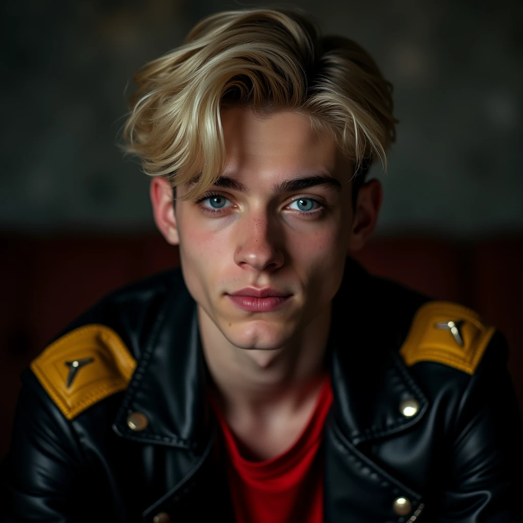 photograph head shot, attractive 22 year-old male model, side swept bangs crew cut platinum blond layered wavy hair, vibrant blue eyes, teen face, skinny svelte body, dominant smirking expression, almond shaped eyes, very pale skin tone, black leather jacket with yellow accents on shoulders, red shirt, inside private BDSM club alone, low lighting, cinematic, foreboding