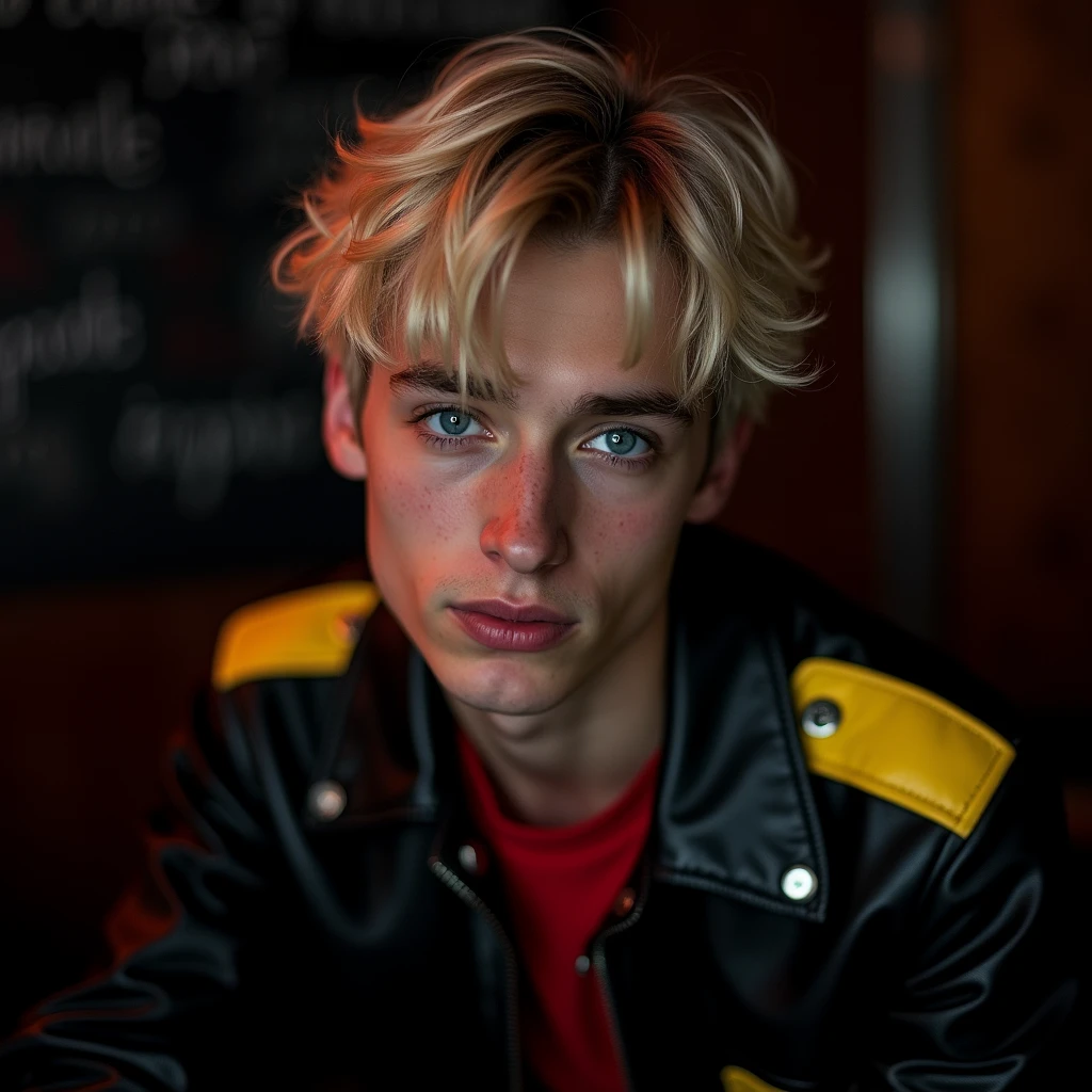 photograph head shot, attractive 22 year-old male model, side swept bangs crew cut platinum blond layered wavy hair, vibrant blue eyes, teen face, skinny svelte body, dominant smirking expression, almond shaped eyes, very pale skin tone, black leather jacket with yellow accents on shoulders, red shirt, inside private BDSM club alone, low lighting, cinematic, foreboding