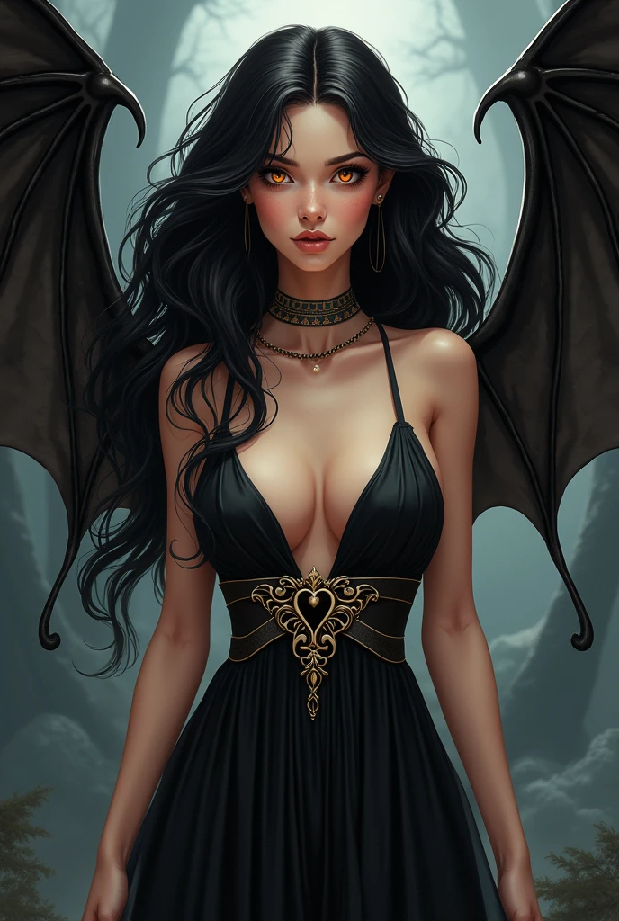 Beautiful adult woman with black hair and amber eyes, perfect curvy anatomy and pale skin, Ancient Greek clothing in black with bat wings and darker tones in the background in a cartoon style