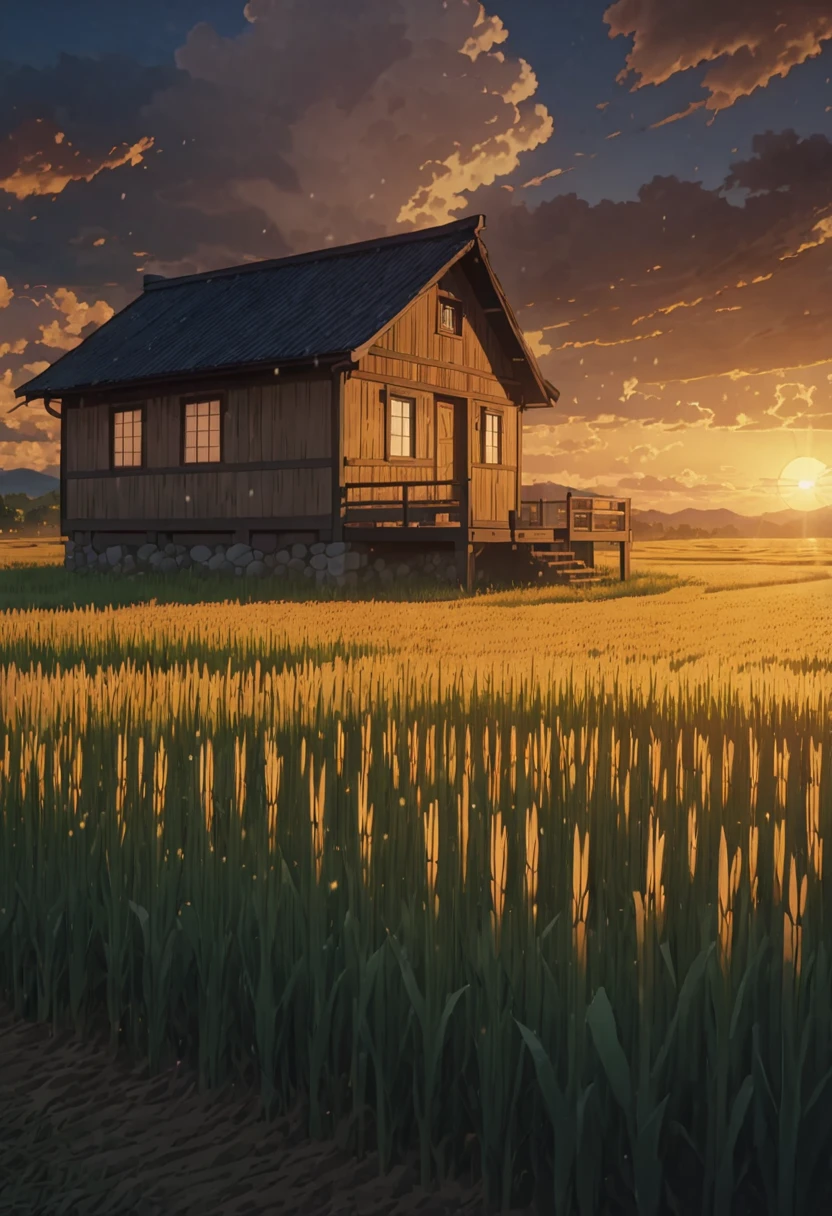 masterpiece!!!! 8k stone cabin in the middle of the barley field ANIME GHIBLI STYLE!!!!! The image shows a serene twilight scene with leaden clouds, golden rain, lighting, shadows, 8khdr sol ilumination!!!! sunrise clouds