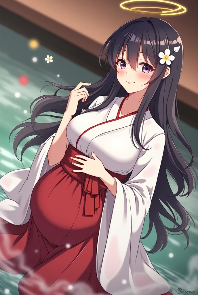 girl in white and red shrine maiden, enchanting, Flower in hair, long hair, refined movements, At a hotspring, lots of cleavage is visable , angelic smile, defined curves, Blushing, pregnant, hand on belly