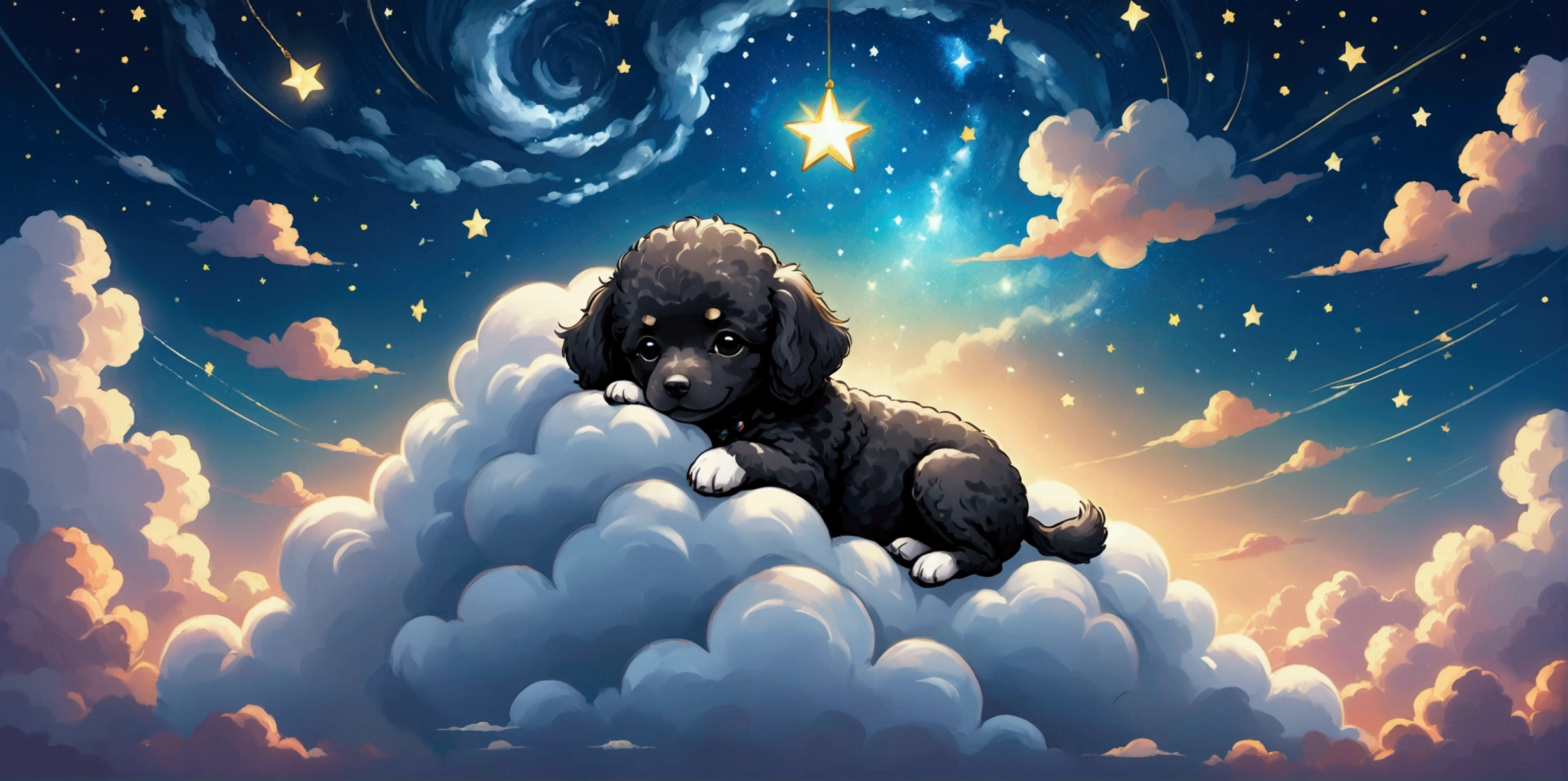 The image is、It depicts a cute toy poodle puppy sleeping peacefully on a soft cloud.。, In the background, the clouds of a starry night sky shine。. The puppy is surrounded by Fluffy Cloudss, and、A shining star hangs above。, dream-like, Magical atmosphere. Here are some detailed prompts in English to explain this image:。: "Toy poodle puppy sleeps on a glowing cloud、It's a heartwarming sight。, Fluffy Clouds. The puppy is snuggled up comfortably with a contented expression。, The black and white fur is soft and smooth.
