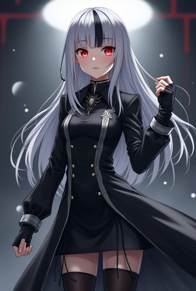 Anime girl with red eyes and long straight gray hair with black-tipped streaks, He wears a modern uniform consisting of a long-sleeved black coat with silver trim and detailing., white ornaments around both of his fists, black skirt, black gloves, Waders