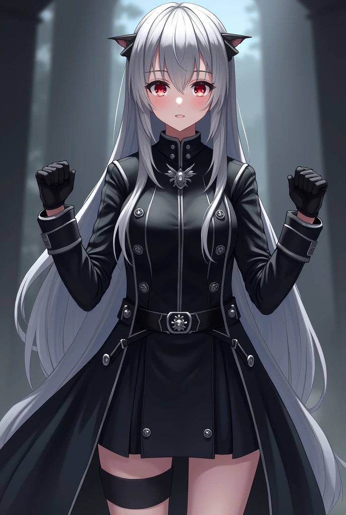 Anime girl with red eyes and long straight gray hair with black-tipped streaks, He wears a modern uniform consisting of a long-sleeved black coat with silver trim and detailing., white ornaments around both of his fists, black skirt, black gloves, Waders