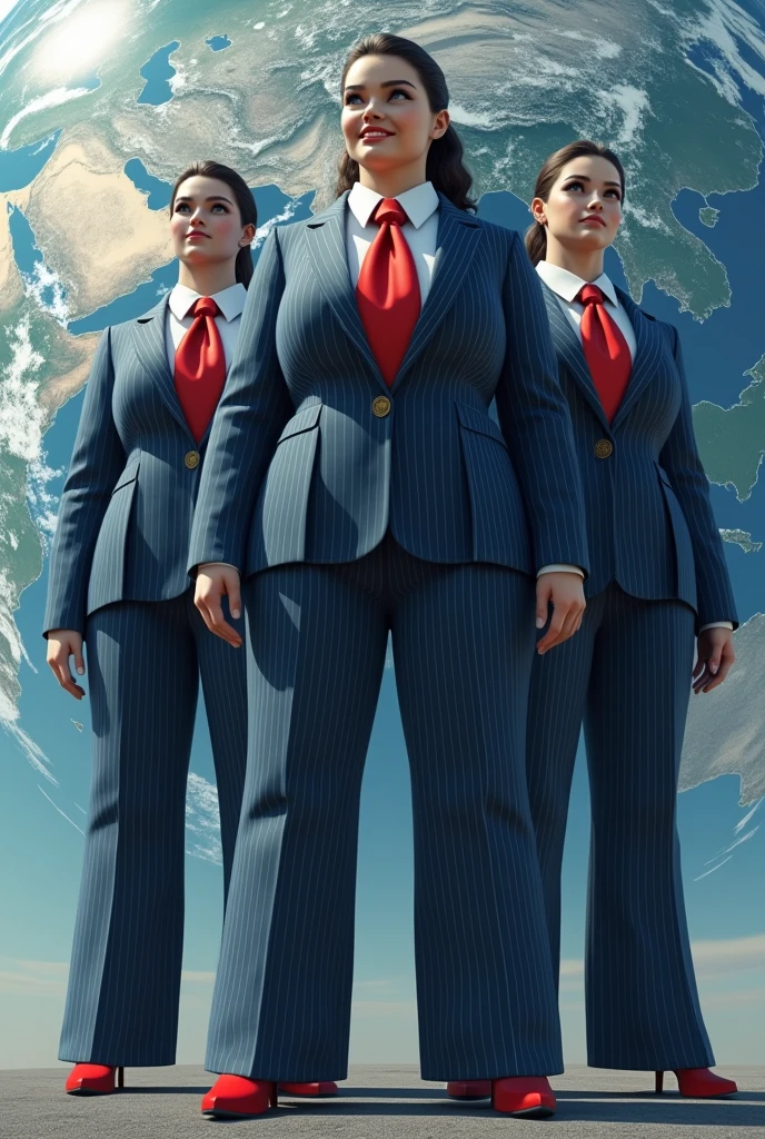 four women giga giantess 1 huge breasts light navy blue pinstriped suit white tailored shirt done up thick and large Windsor knot red tie Has ponytail hair Wearing a pair of platform heels Professional attire A look of enjoyment, Beautiful appearance, smile, (satellite view)giga giantess (gts 1.2)