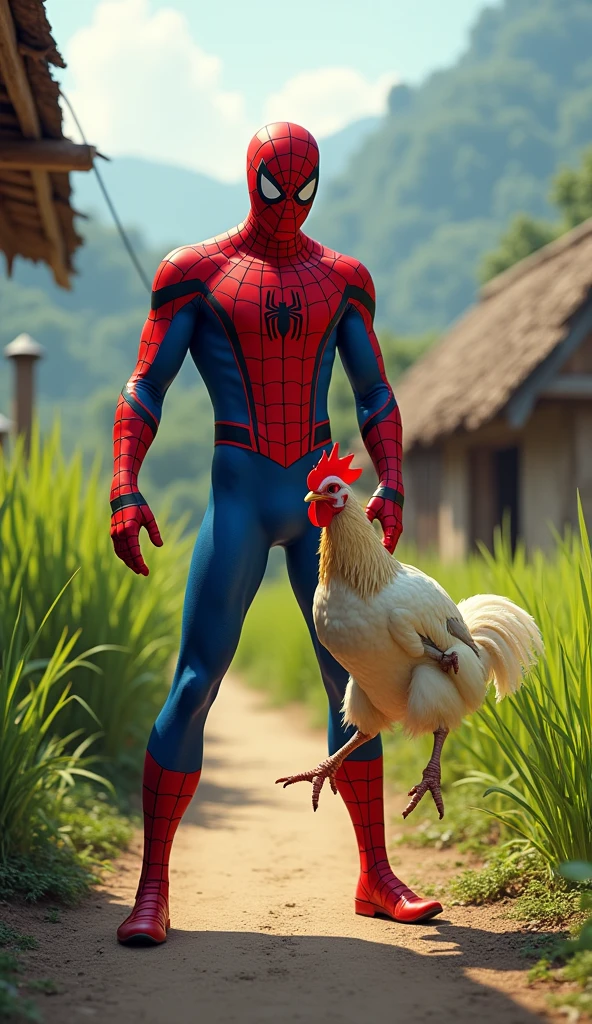 Spiderman holding a chicken by the neck, location at village near rice field