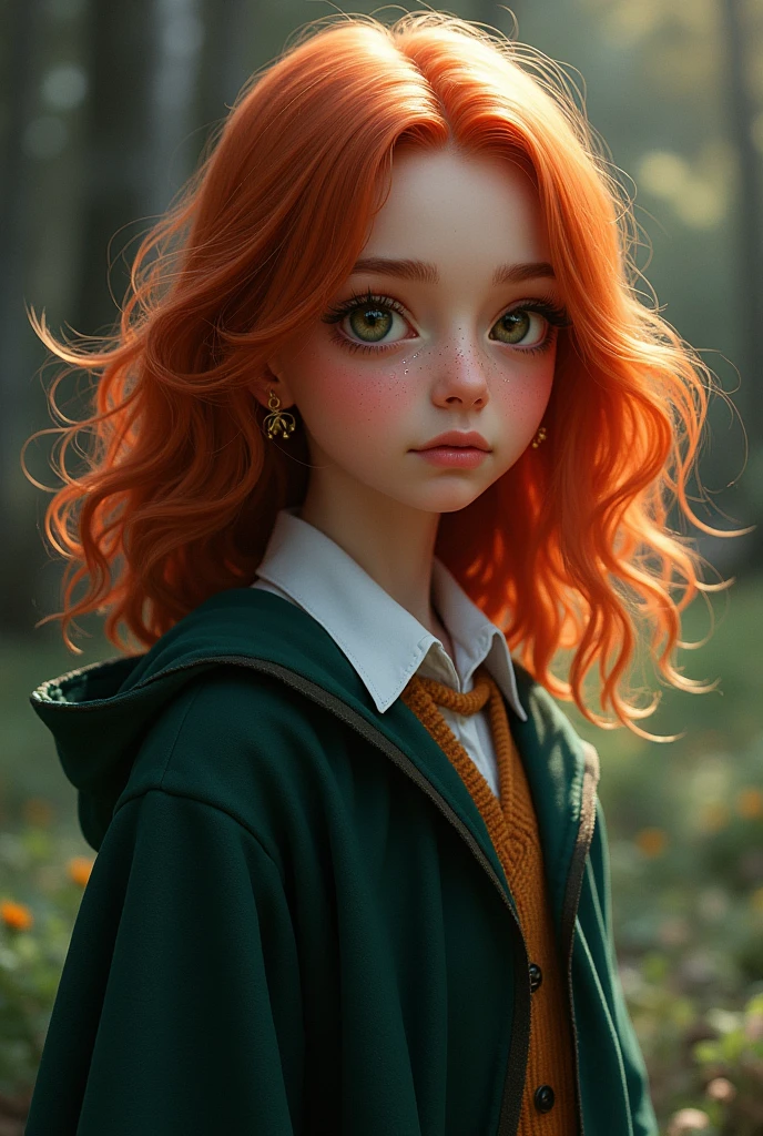 Young girl with medium length dark red hair; with eyes that vary between green, gray and light brown; he clear and Ravenclaw robes.