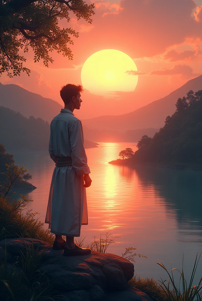 A man standing near a river with a sunrise