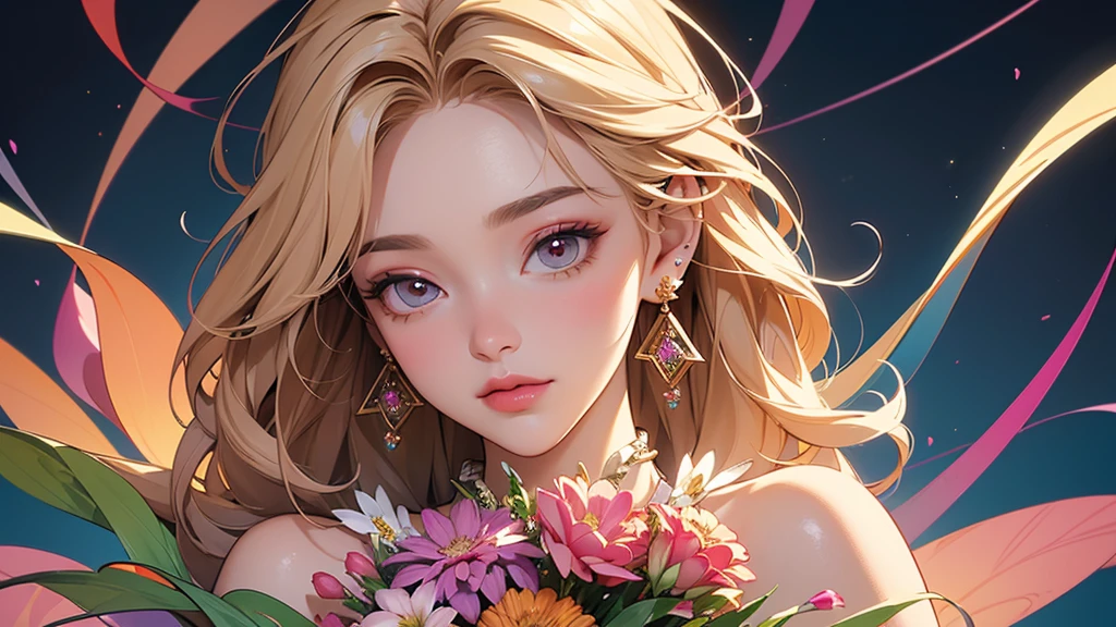 32K, 最高quality, 最高masterpiece, (ultra-Detailed Background, Detailed Background), High resolution, Super detailed, Very detailedな, 1 personの, (bouquet:1.3), (Tangled:1.2), (Geometric:1.2),(colorful),(masterpiece, quality, best quality, Official Art, Beautiful and beautiful:1.2), (1 person:1.3), Very detailed,(colorful:1.1)(Flowers:1.3),Most detailed,(Tangled:1.2), whole body, (Abstract background:1.3), (Skin glows), (Many colors:1.4), ,(Earrings Jewelry:1.5), Gradient Background, It's imaginative., Flaxen Hair,