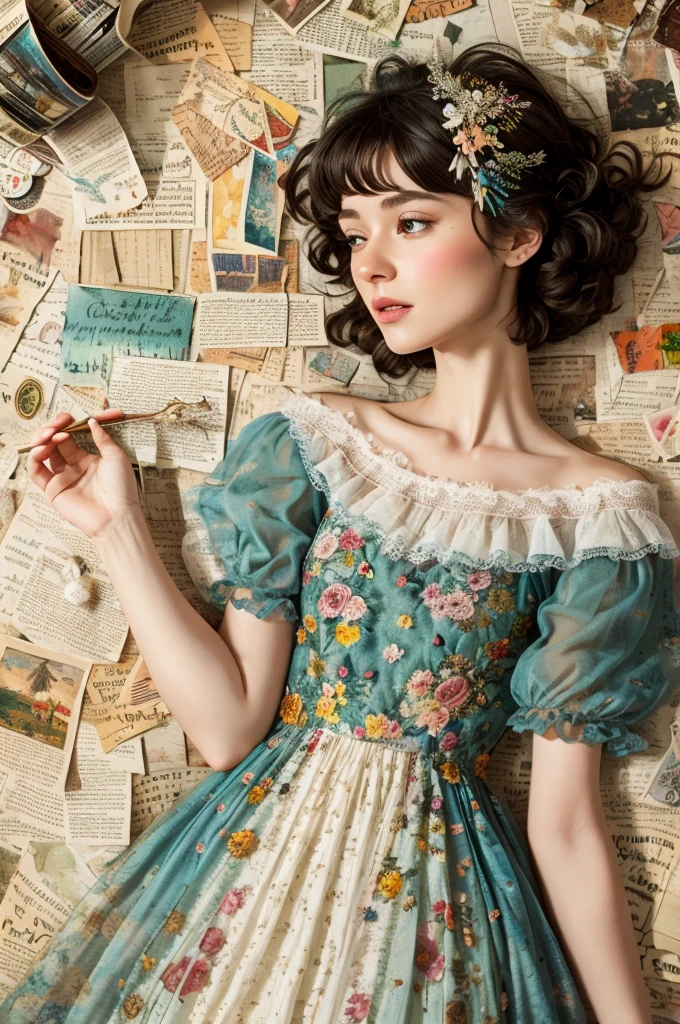 Super detailed alcohol ink painting of gorgeous girl, A stress-free mixed media masterpiece made on patchwork of vintage script paper, Ephemera, Torn cardboard, Vintage newspaper, Vintage Sheet Music, Some kind of sticker, A dress made of paper ruffles and life-size delicate lace, In the style of [Junk Journal, Double exposure, Same size as body, Greg Simkins, Mark Davis, Oliver Jeffers, Andy Kehoe], Cinematic, amazing, Very detailed, 8k, The haze has cleared