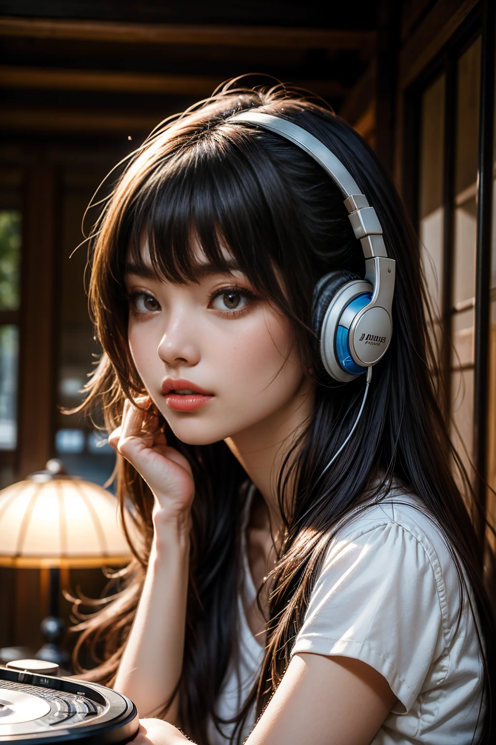 Club house, party, playing the best groove music, attractive and kawaii long-haired young club DJ Japanese woman. She is a genius who pleases the surroundings with headphones and is very exciting. Ultra-realistic photo with her as the focus, motion blur, high resolution, high quality, masterpiece.