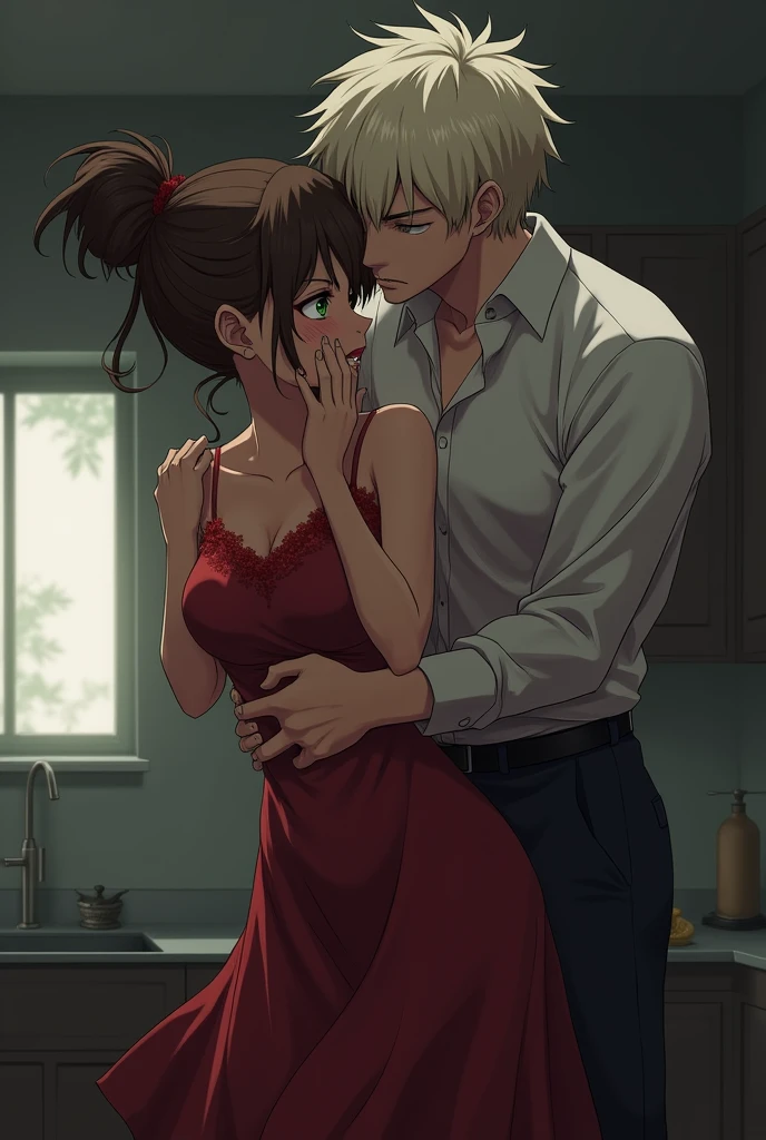 brown hair messy bun woman crying with brown eyes,tan skin a tall man with white blonde hair,white skin and green eyes he pulls her dress strips tighter while kissing her back she wear a red dress anime skin in the kitchen
