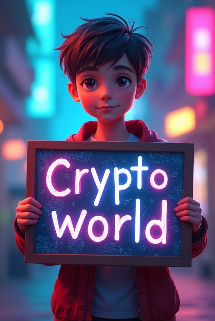 boy with sign with the word, crypto world