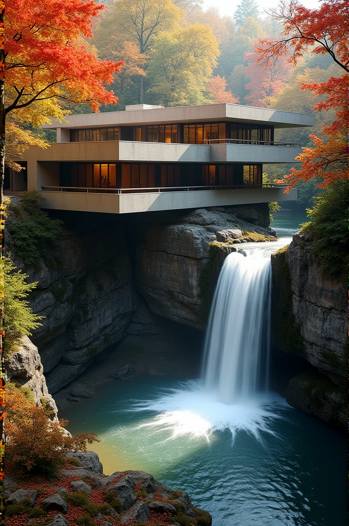 Ultra-realistic 4K autumn image of Fallingwater, designed by Frank Lloyd Wright, in Pennsylvania, USA. The house is perched directly over a flowing waterfall, with the sound of rushing water almost audible. The cantilevered terraces and natural stone materials are depicted in high detail, with every texture of the concrete and stone visible. The surrounding forest is in full autumn bloom, with vibrant reds, oranges, and yellows reflecting in the calm water below. Sunlight filters through the trees, casting dappled light and shadow on the scene.”