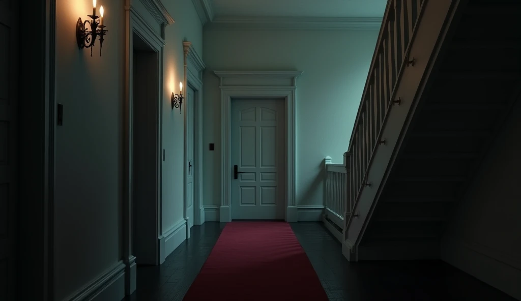 Cinematic, hyper realistic, A detailed interior image of a dimly lit, eerie white hallway with railing on the right suggesting that there is a lower floor in a mansion. The scene is characterized by its shadowy, monochromatic color palette, with a focus on a single closed door at the end of the corridor. The hallway is illuminated by a few antique wall sconces, casting a faint, ominous light. A red carpet runs along the wooden floor, leading towards the door, adding a stark contrast to the otherwise muted tones. The overall atmosphere is tense and foreboding, reminiscent of a scene from a horror or suspense narrative.