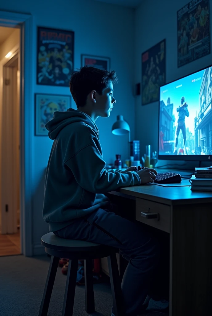 A young gamer boy, wearing a baggy hoodie and sweatpants, standing in the center of a dimly lit bedroom. The room is a testament to his passion for gaming with posters of various video game characters adorning the walls and a floor littered with game cases and snack wrappers. His attention is focused intently on the large flat-screen TV mounted on the opposite wall, which displays an intense battle scene from a first-person shooter game on PlayStation. His left hand firmly grips the console controller, thumbs dancing over the buttons with practiced agility, while his right hand hovers in the air, mirroring the actions of his in-game avatar. A noticeable bulge in the front of his pants, outlined by the tight underwear beneath the hoodie, suggests that he's playing a particularly thrilling part of the game. The light from the TV casts a soft blue glow across the room, highlighting the excitement on his face and the sweat glistening on his forehead. The PlayStation logo is reflected in his wide-open eyes, revealing his deep immersion in the virtual world. The room's only other light source is a desk lamp, casting a warm, contrasting light on a cluttered desk filled with gaming paraphernalia and textbooks, hinting at the coexistence of his gaming life with school responsibilities. The scene is framed by a slightly ajar door, through which a sliver of hallway light creeps in, suggesting the quiet of the rest of the house as he plays on into the night.