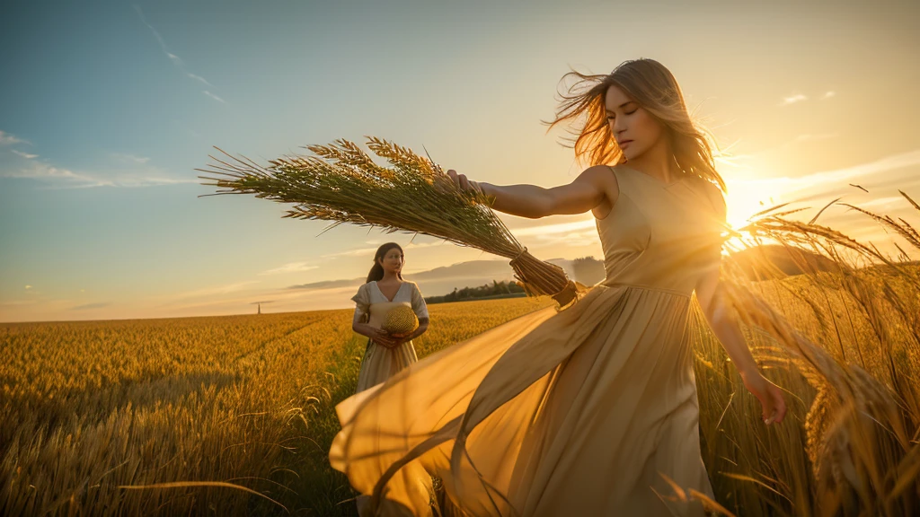 A cinematic, widescreen, wide-angle depiction of the Virgo horoscope sign. The scene features a graceful woman holding a sheaf of wheat, symbolizing harvest and purity, standing in a golden field. The woman is depicted with intricate details in her flowing dress and serene expression, exuding a sense of calm and nurturing energy. The background includes a soft, golden sunset and a gentle breeze moving through the fields, creating a peaceful and harmonious atmosphere. The composition adheres to the golden ratio, ensuring perfect proportions and aesthetic harmony.
