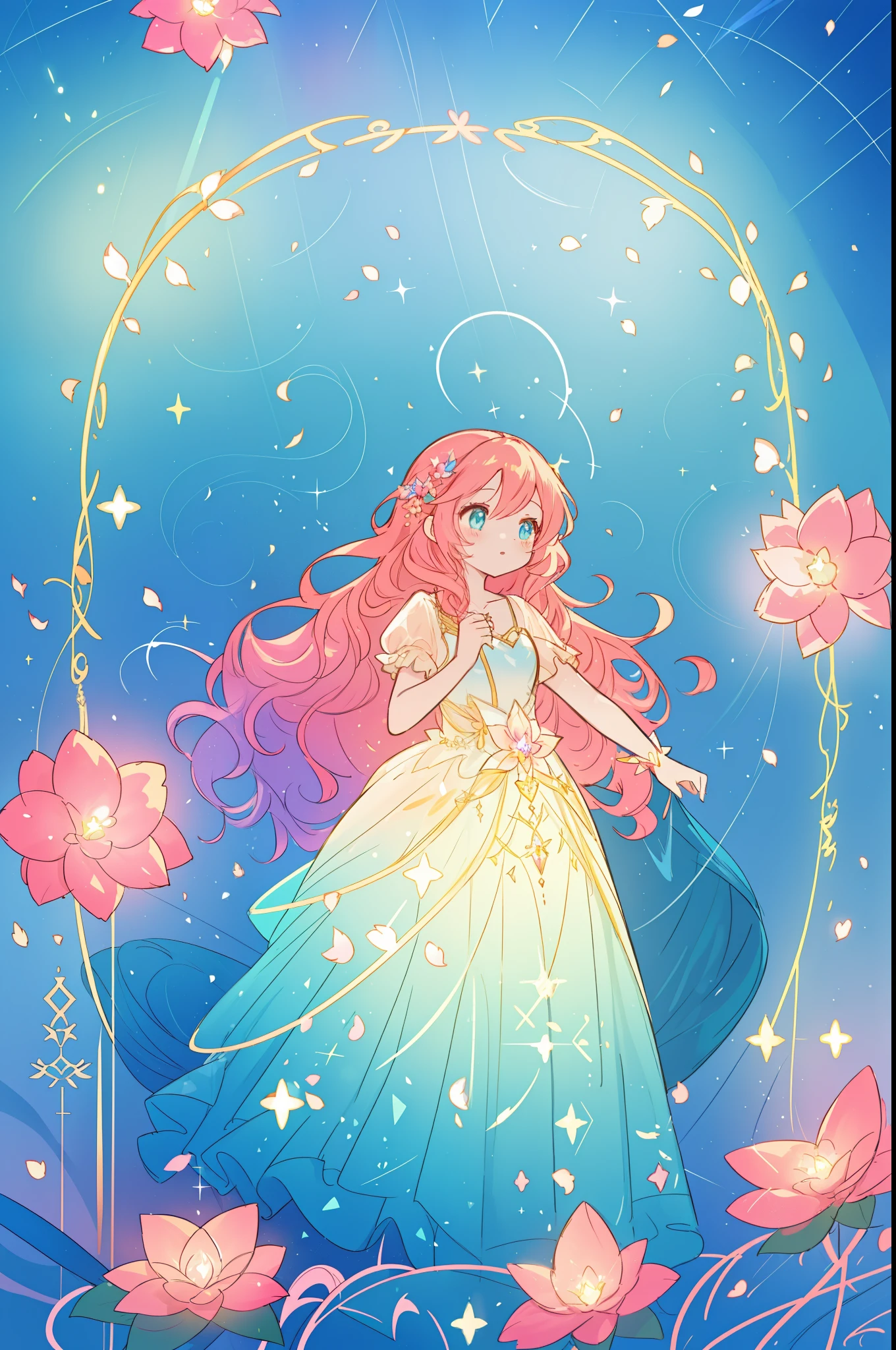beautiful anime girl in flowing layered ballgown, vibrant pastel colors, (colorful), magical lights, magical flowers, flowers, glowing lights, red pink long wavy hair, sparkling lines of light, inspired by Glen Keane, inspired by Lois van Baarle, disney art style, by Lois van Baarle, glowing aura around her, by Glen Keane, jen bartel, glowing lights! digital painting, flowing glowing hair, glowing flowing hair, beautiful digital illustration, fantasia background, whimsical, magical, fantasy, beautiful face, ((masterpiece, best quality)), intricate details, highly detailed, sharp focus, 8k resolution, sparkling detailed eyes, liquid watercolor