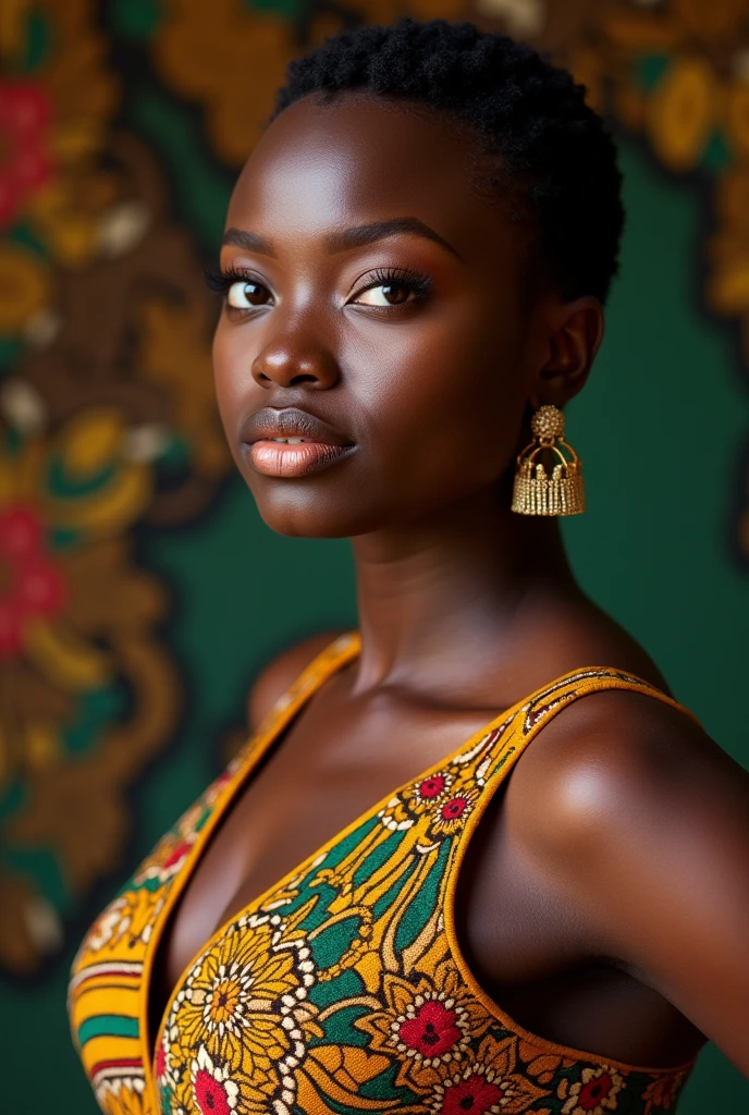 Une fille au teint eben à la silhouette bien garni au cheveux courts et au style vestimentaire purement africain