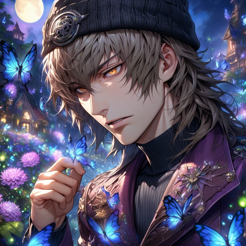 absurdres, highres, ultra detailed, HDR, masterpiece, extremely detailed, detailed eyes, detailed face, Aragaki Shinjirou, taupe brown medium hair, expressive brown eyes, Persona 3, solo, sexy man, sensual, handsome, adult face, mature man, black beanie, maroon peacoat, black turtleneck shirt, fantasy, garden, blue shining moon, blue glittering butterflies, magical, fantasy, blue chrysanthemum, blue fireflies, water