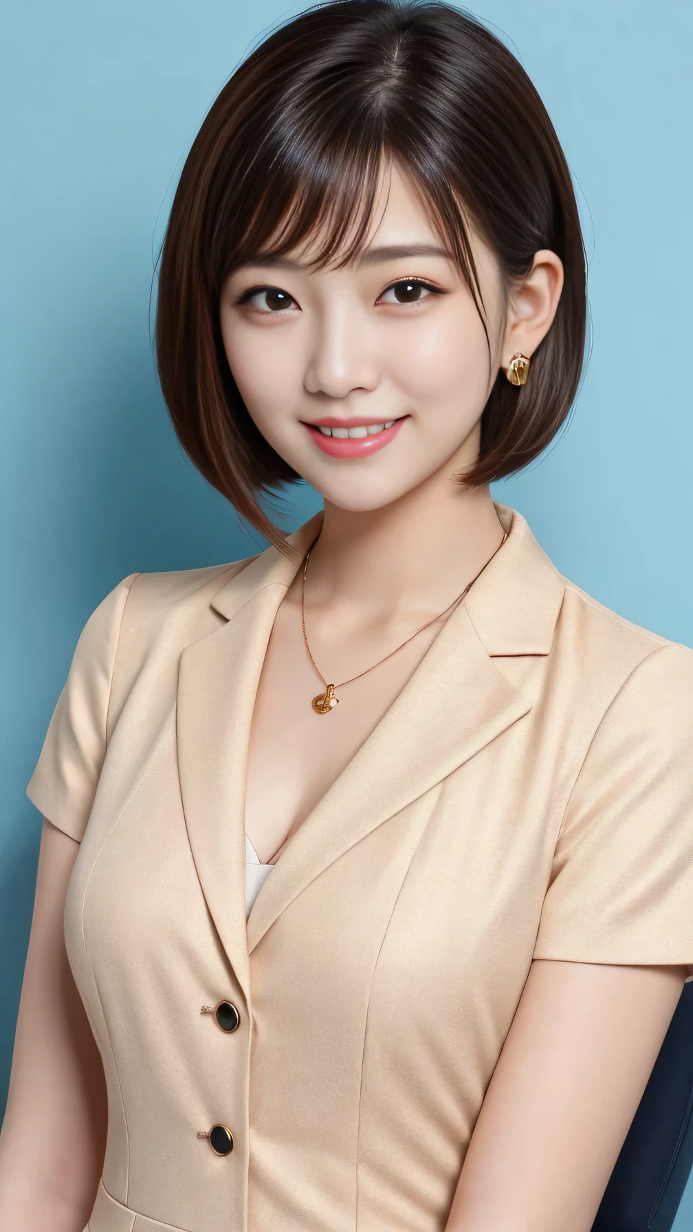 RAW Photos, High resolution, Very detailed, Intricate details, 、ear piercing、smile、short hair、Black Hair、Please open your mouth a little、Clear beauty,(High quality fabric, Office Lady Suits 、Necklace around the neck、, The background is the office