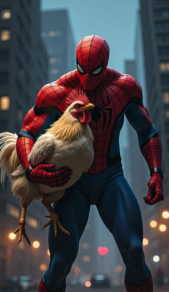 Spiderman holding a chicken by the neck