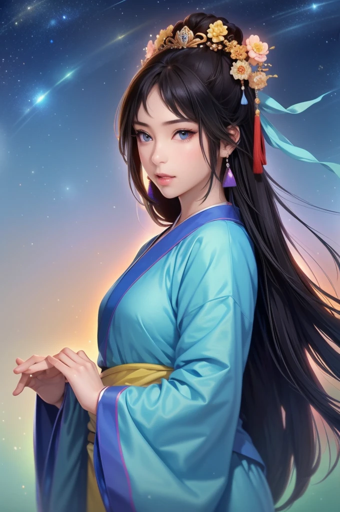 Starry sky landscape、shooting star、Outdoor、 Han Dynasty Landscape、Three Kingdoms、(Highest quality,4K,8k,High resolution,masterpiece:1.2)、Very detailed, High resolution,、Hyper HD、Studio Lighting、Ultra-fine painting、 Sharp focus、 Physically Based Rendering、 Very detailed説明、 Professional、 Vibrant colors、Traditional Chinese Painting Techniques、 Atmospheric lighting、 Vivid color contrast、 Ethereal atmosphere、Very detailed目と顔、 Beautiful attention to detail、 Light on the face、Hanfuを着た少女、(Hanfu: 1.1)、Eyes are green、(((1 girl)))、Anatomically correct