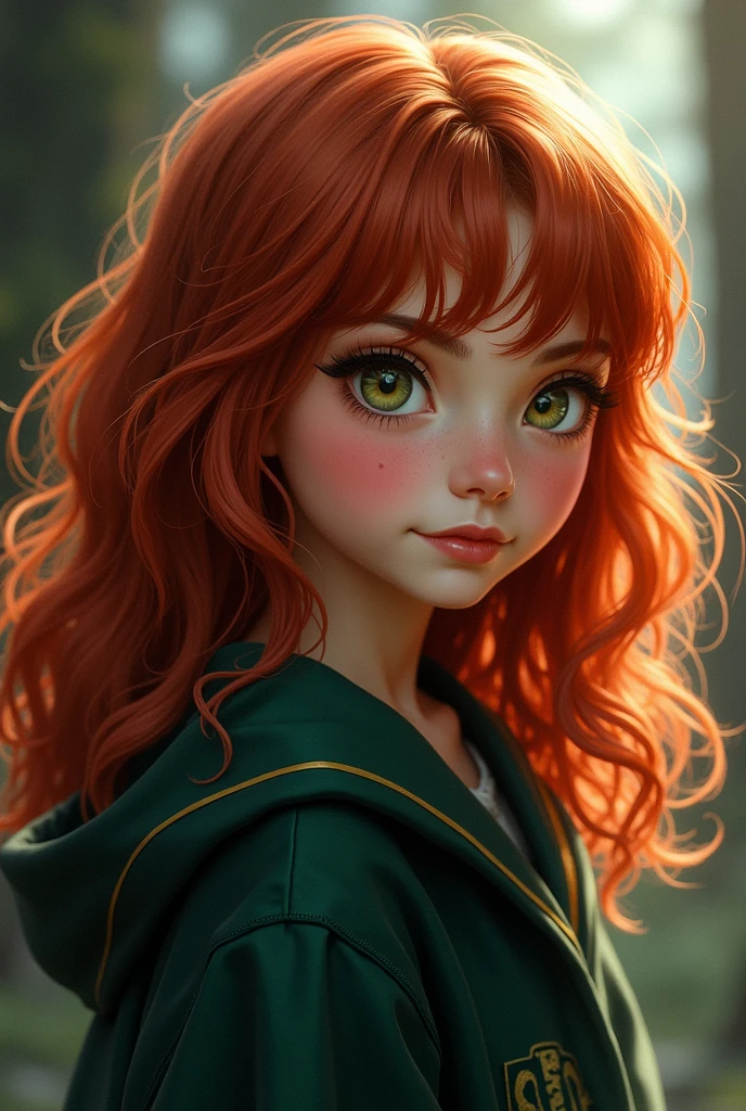 Young girl with medium length dark red hair; with eyes that vary between green, gray and light brown; he clear and witch robes of Ravenclaw.