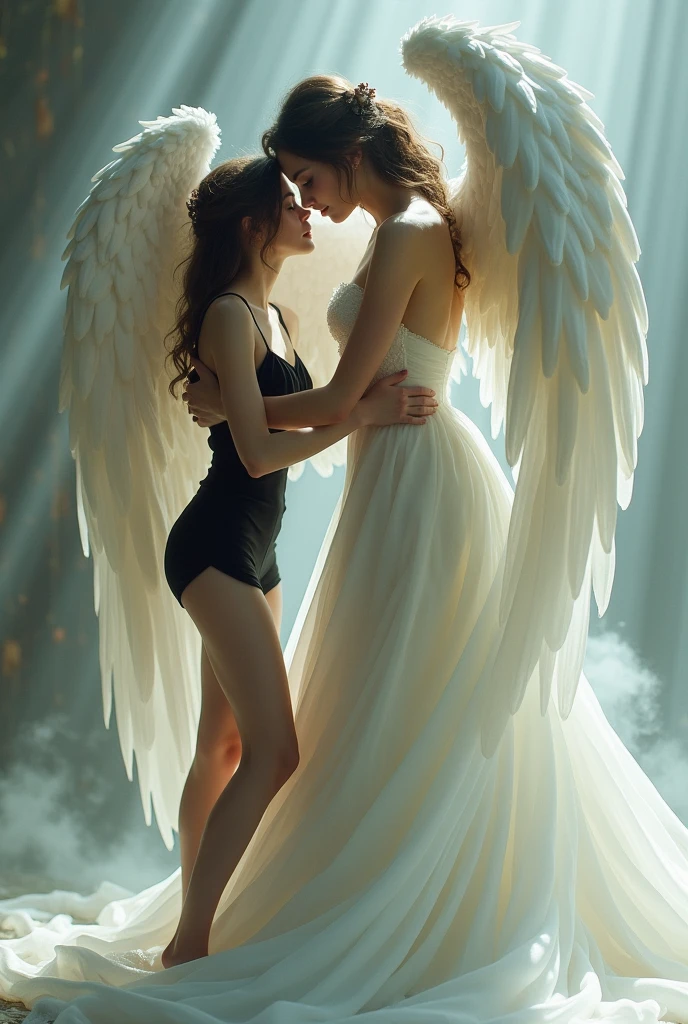 young woman, really small, in short, tight black clothes and open legs, being caressed by a giant woman wearing a wedding dress and angel wings
