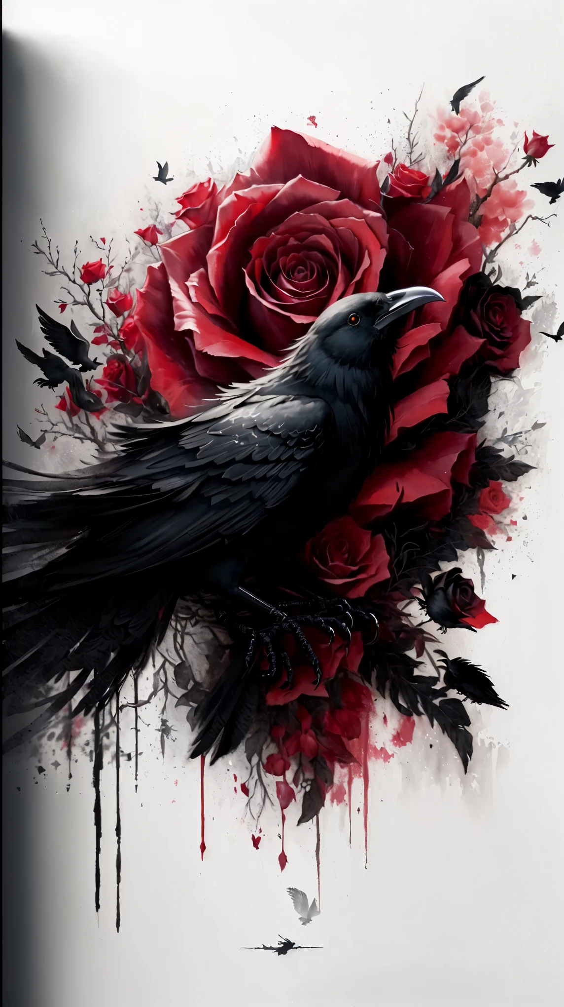 a black bird sitting on top of a red rose with watercolor paint, gothic art, crows as a symbol of death, gothic art style, corvos lindos, art of valin mattheis, Gothic painting, gothic aesthetic, sakimi, many birds and roses fly around, cover with blood, dark fantasy mixed with realism, highly detailed 4 k art, Black rose