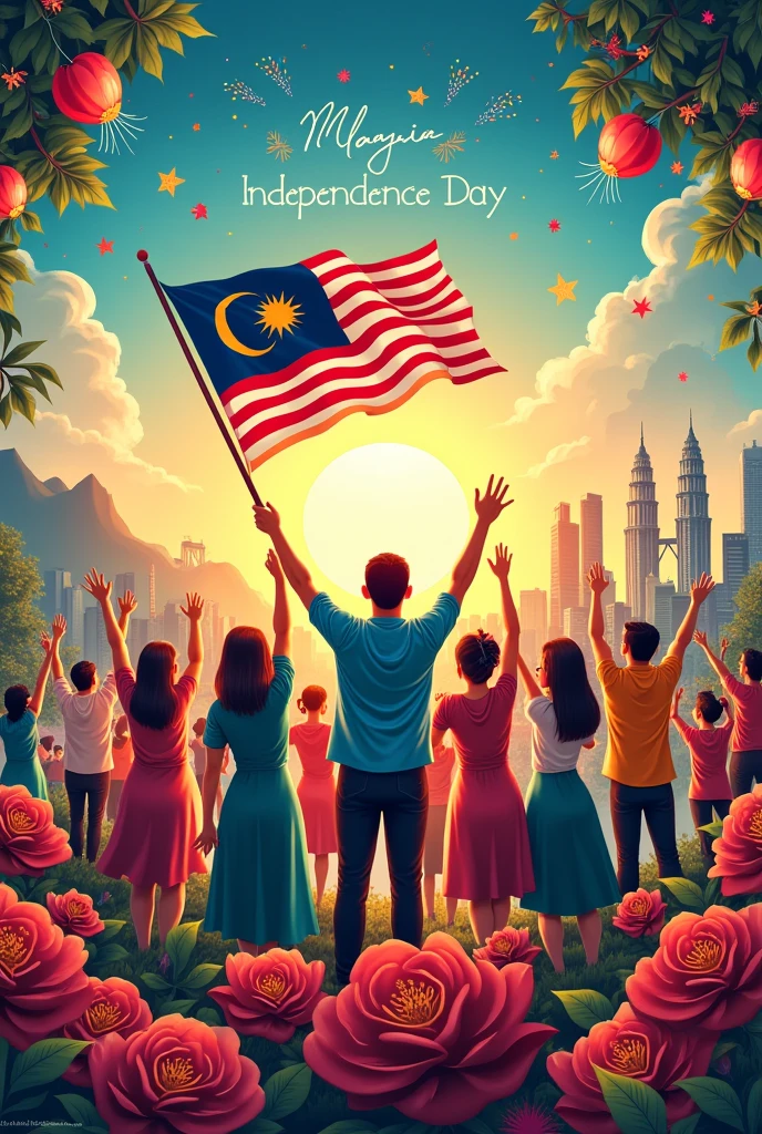 Image of Malaysian people wearing headscarves celebrating Independence Day and holding the Malaysian flag