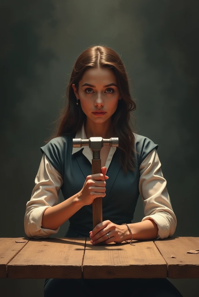 She is waiting, on the table, at the start, with a hammer