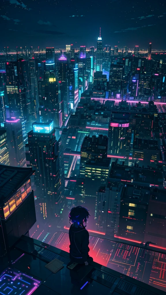 An anime-style image of a person sitting on the edge of a rooftop at night, wearing headphones, and facing a vibrant cityscape illuminated by the glowing lights of buildings below. The person has short, tousled hair and is dressed in casual clothing. The sky is dark with subtle hints of deep blues and purples, while the city below is alive with bright, colorful lights from the buildings, creating a peaceful yet atmospheric night scene. In the foreground, small red flowers on the rooftop add a touch of nature to the urban setting