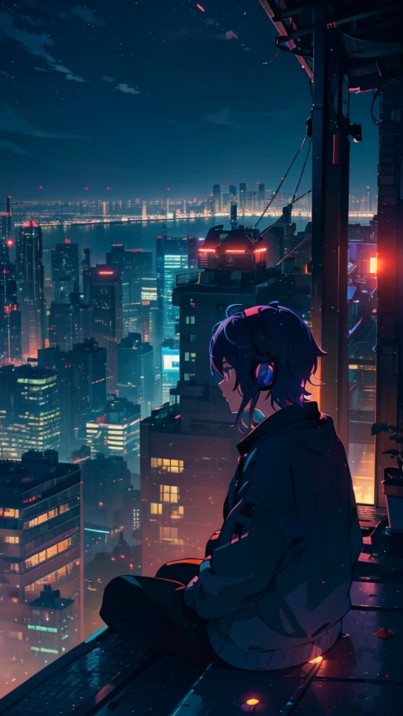 An anime-style image of a person sitting on the edge of a rooftop at night, wearing headphones, and facing a vibrant cityscape illuminated by the glowing lights of buildings below. The person has short, tousled hair and is dressed in casual clothing. The sky is dark with subtle hints of deep blues and purples, while the city below is alive with bright, colorful lights from the buildings, creating a peaceful yet atmospheric night scene. In the foreground, small red flowers on the rooftop add a touch of nature to the urban setting