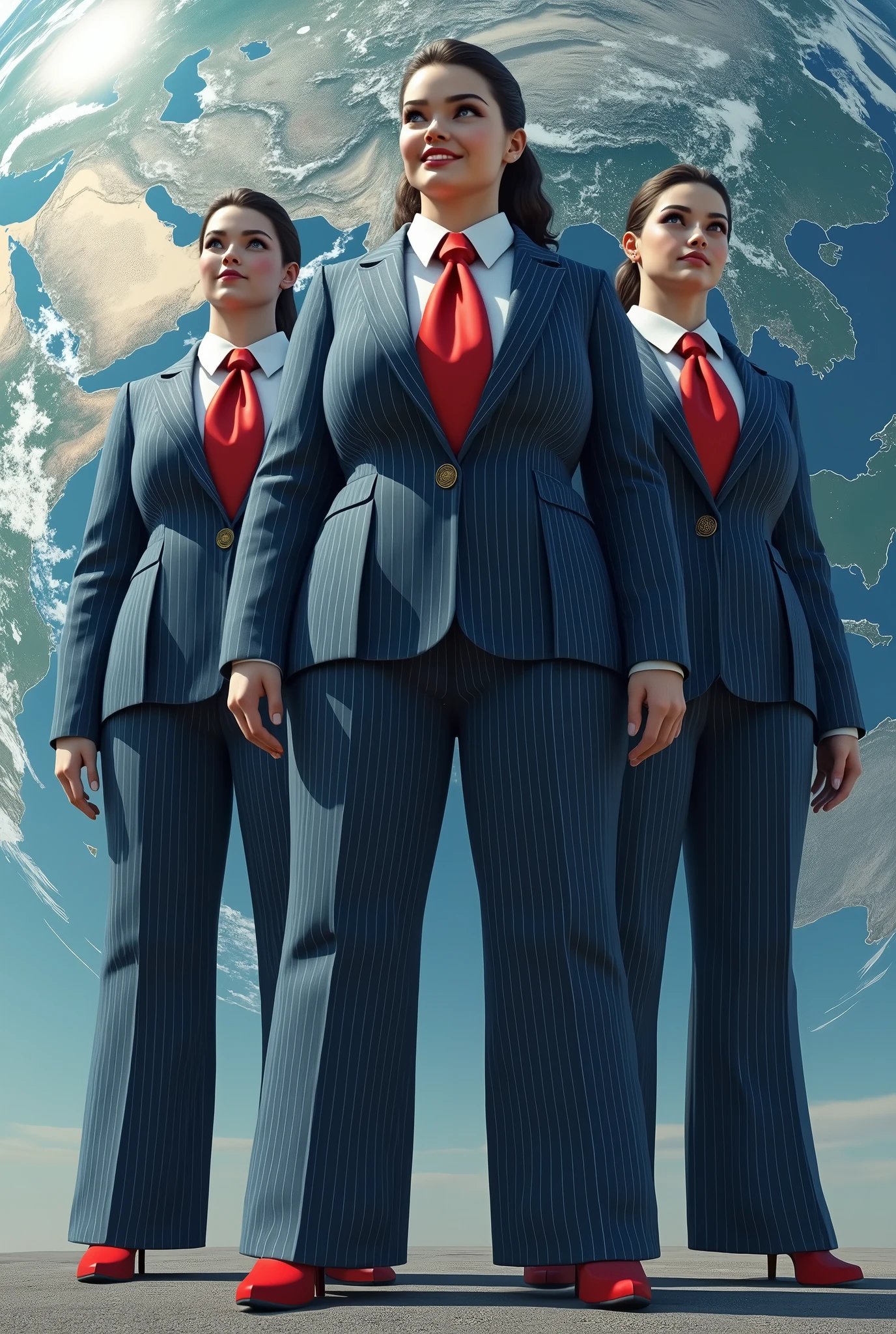 four women giga giantess 1 huge breasts light navy blue pinstriped suit white tailored shirt done up thick and large Windsor knot red tie Has ponytail hair Wearing a pair of platform heels Professional attire A look of enjoyment, Beautiful appearance, smile, (satellite view)giga giantess (gts 1.2)