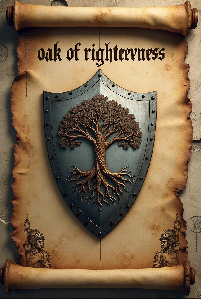 " An ancient, weathered medieval scroll unfurls vertically, showcasing a majestic Templar shield at its heart. The shield is intricately carved with an oak tree, its roots and branches deeply ingrained within the shield's surface, symbolizing resilience and strength. The phrase 'Oak of Righteousness' is elegantly inscribed above the shield in faded, medieval script. The scroll is adorned with delicate ink sketches of knights and ancient symbols, adding a mystical flair to the scene. The parchment is worn with the passage of time, creating a sense of history and mystery. The composition is designed in a 1024x1792 aspect ratio."