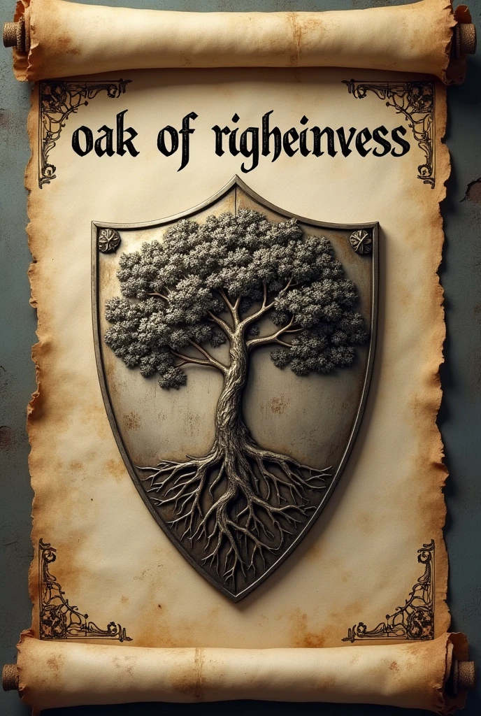 " An ancient, weathered medieval scroll unfurls vertically, showcasing a majestic Templar shield at its heart. The shield is intricately carved with an oak tree, its roots and branches deeply ingrained within the shield's surface, symbolizing resilience and strength. The phrase 'Oak of Righteousness' is elegantly inscribed above the shield in faded, medieval script. The scroll is adorned with delicate ink sketches of knights and ancient symbols, adding a mystical flair to the scene. The parchment is worn with the passage of time, creating a sense of history and mystery. The composition is designed in a 1024x1792 aspect ratio."