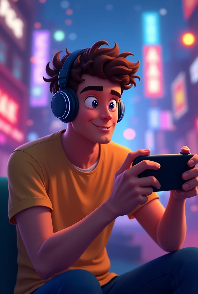 Man with bluetooth headphones, short curly hair , brunette skin, playing video game, animation style 