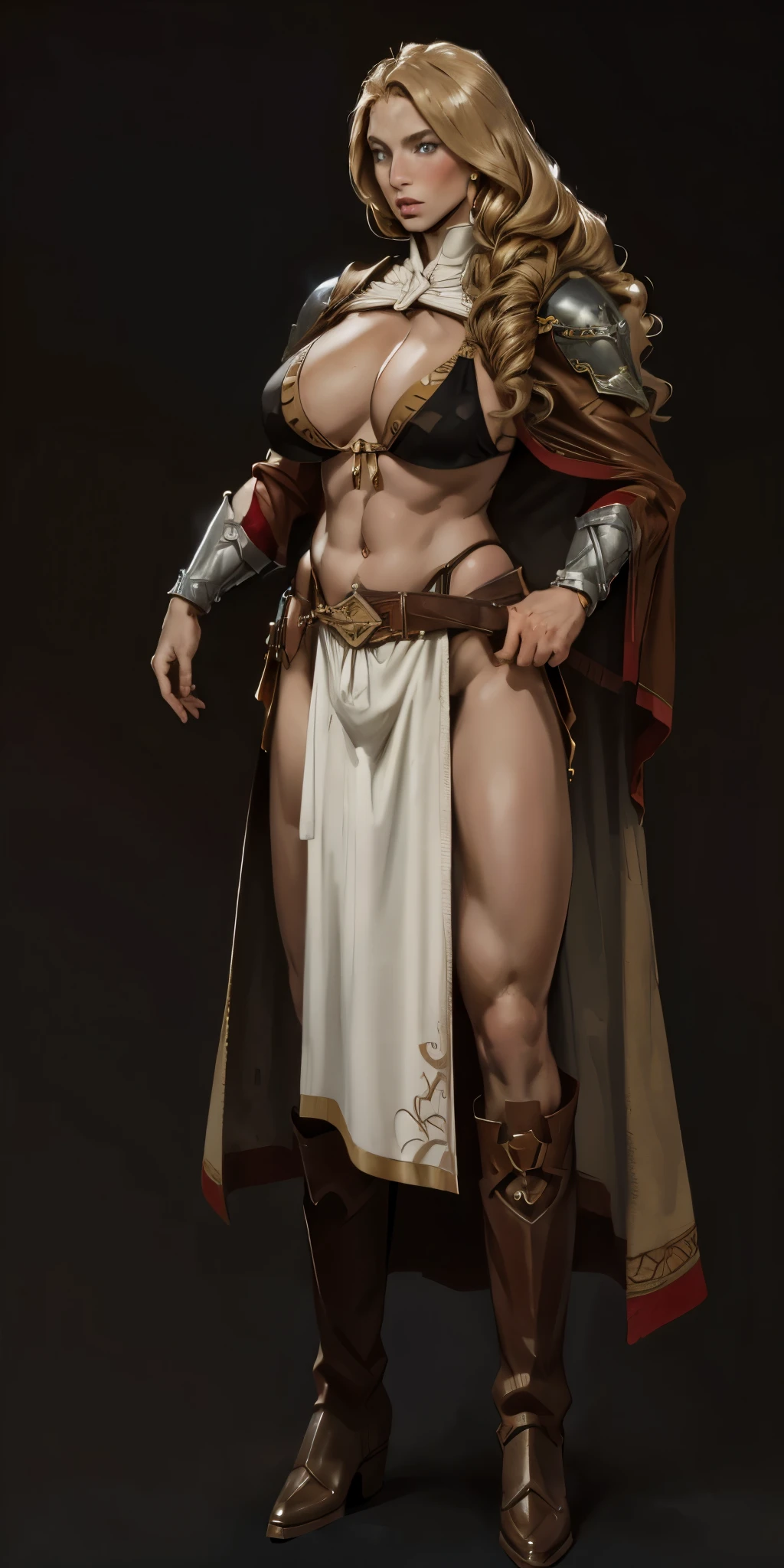 (masterpiece, best quality) (black background) full body standind straight symmetrical, FEMALE warrior princess Mercedez Von Martritz, twin big belt around waist, long curly blonde hair, very white skin, female wearing full body bikini armor with red cape, brown leather boots, adventurer outfit, veteran warrior milf bimbo