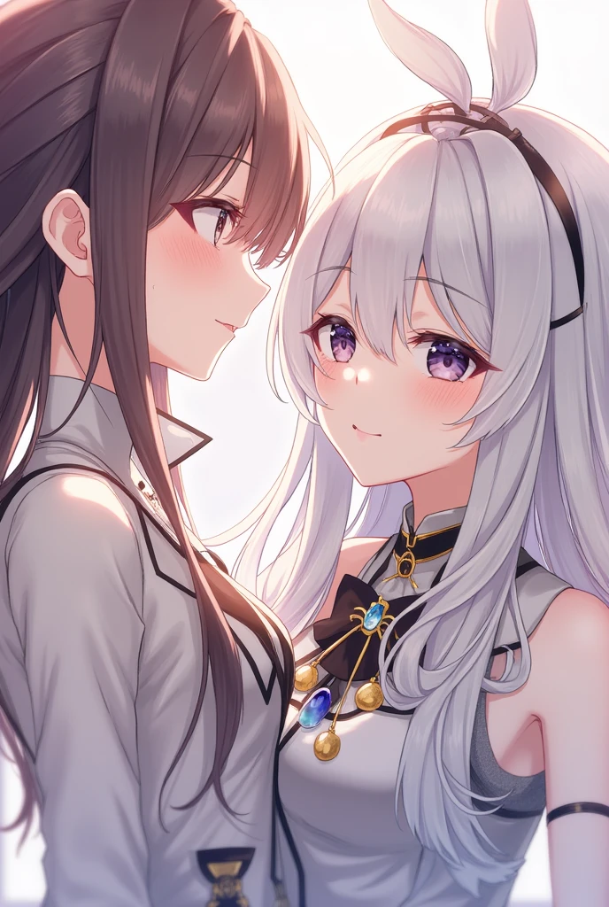 Un dessin du même style que Genshin Impact. Il doit représenter deux filles. On ne peut voir que leur buste. Une des deux filles à deux longues couettes. L'autre fille à des cheveux détachés juste en dessous des épaules.