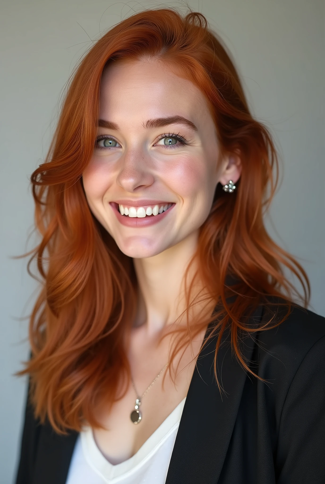 Professional studio photography of high quality red-haired girl psychologist. A trusting look. Good-natured.
