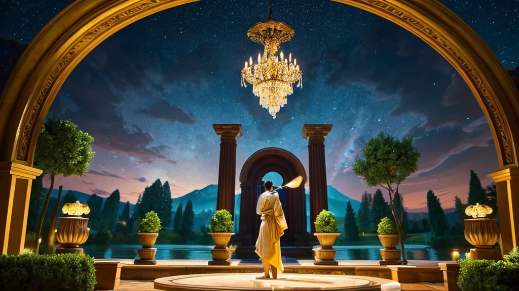 A cinematic, widescreen, wide-angle depiction of the Aquarius horoscope sign. The scene features a figure pouring water from a large urn, with the water flowing into a river that winds through a lush valley. The figure is depicted with intricate details in their flowing robes and the urn, symbolizing knowledge and innovation. The background includes a vibrant sky with swirling clouds, creating an atmosphere of inspiration and creativity. The composition adheres to the golden ratio, ensuring perfect proportions and aesthetic harmony.